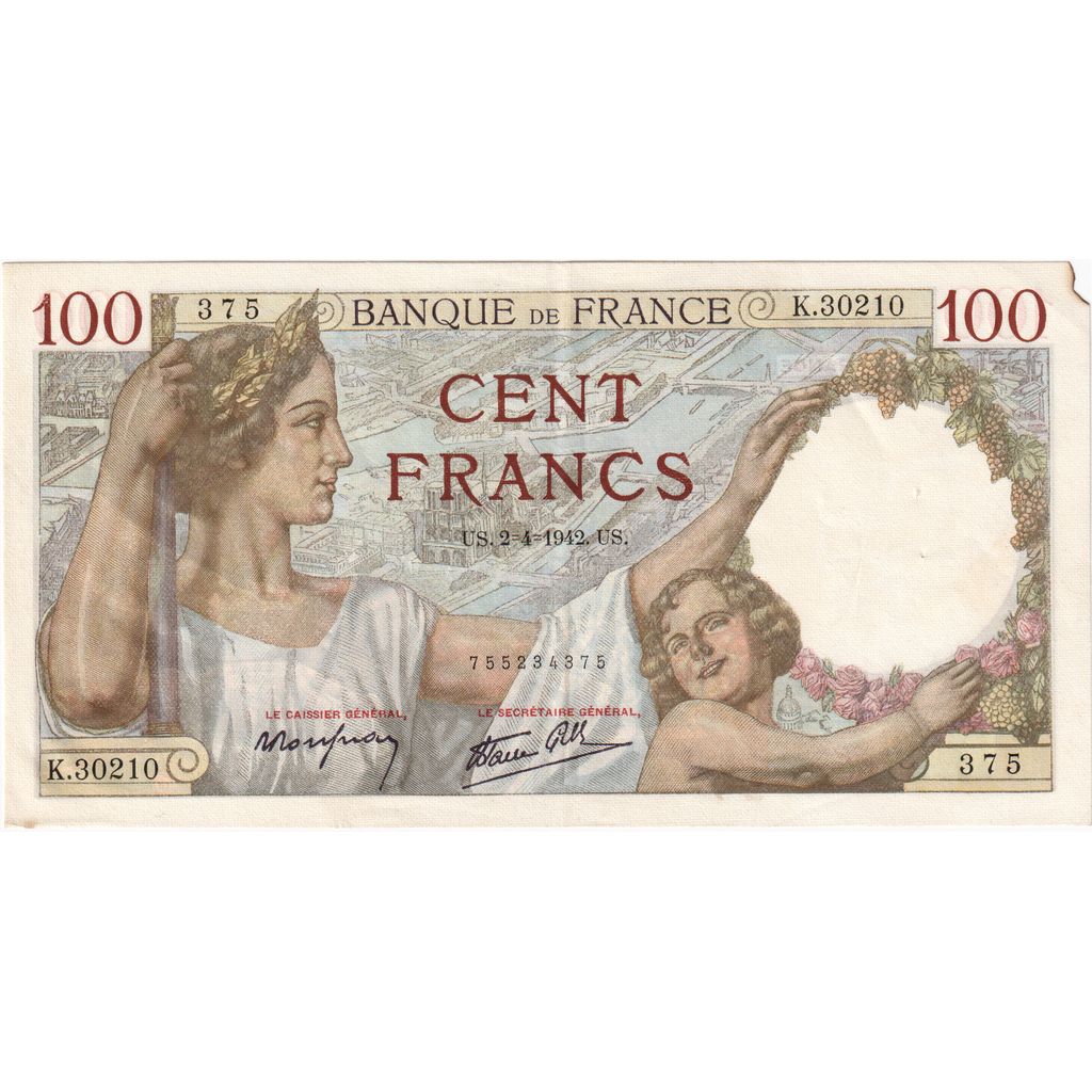 France, 100 Francs, Sully, 1942-04-02, K.30210, TTB