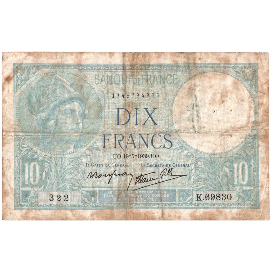 França, 10 Francs, Minerve, 1939-05-19, K.69830, VF(20-25)