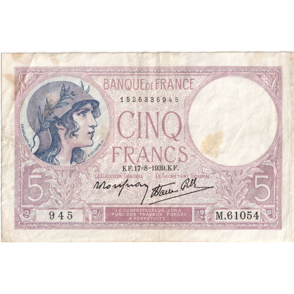 Frankrijk, 5 Francs, Violet, 1939, 1939-08-17, NIEUW, Fayette:4.6, KM:83