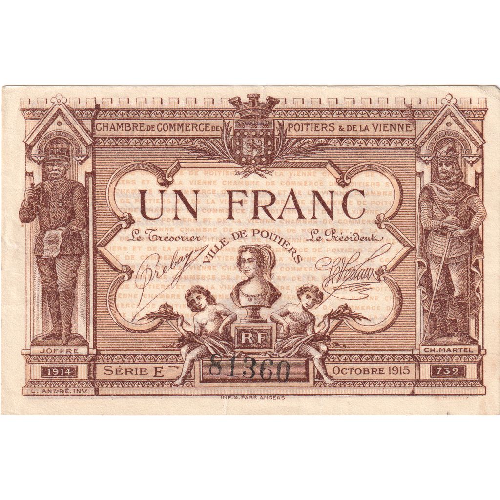 France, Poitiers, 1 Franc, 1915 Octobre, AU(55-58), Pirot:101-6