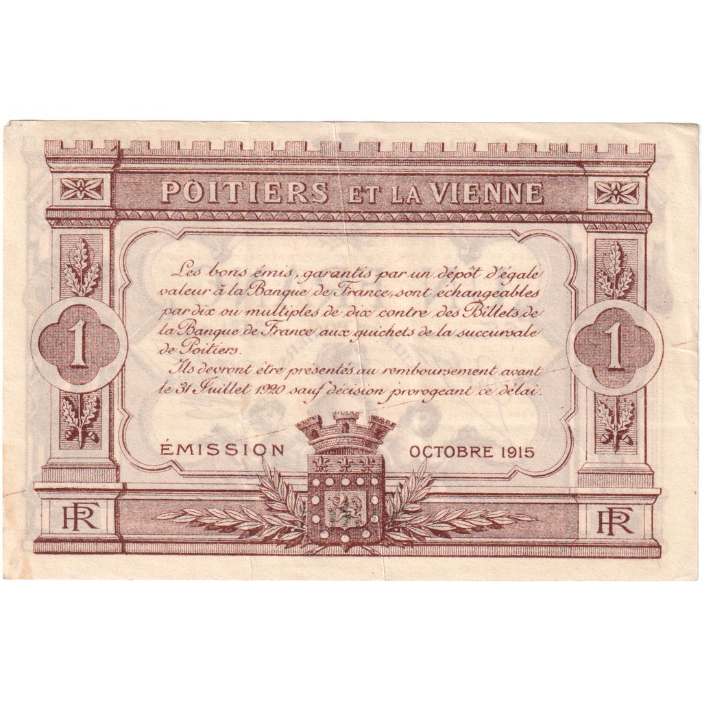 France, Poitiers, 1 Franc, 1915 Octobre, AU(55-58), Pirot:101-6