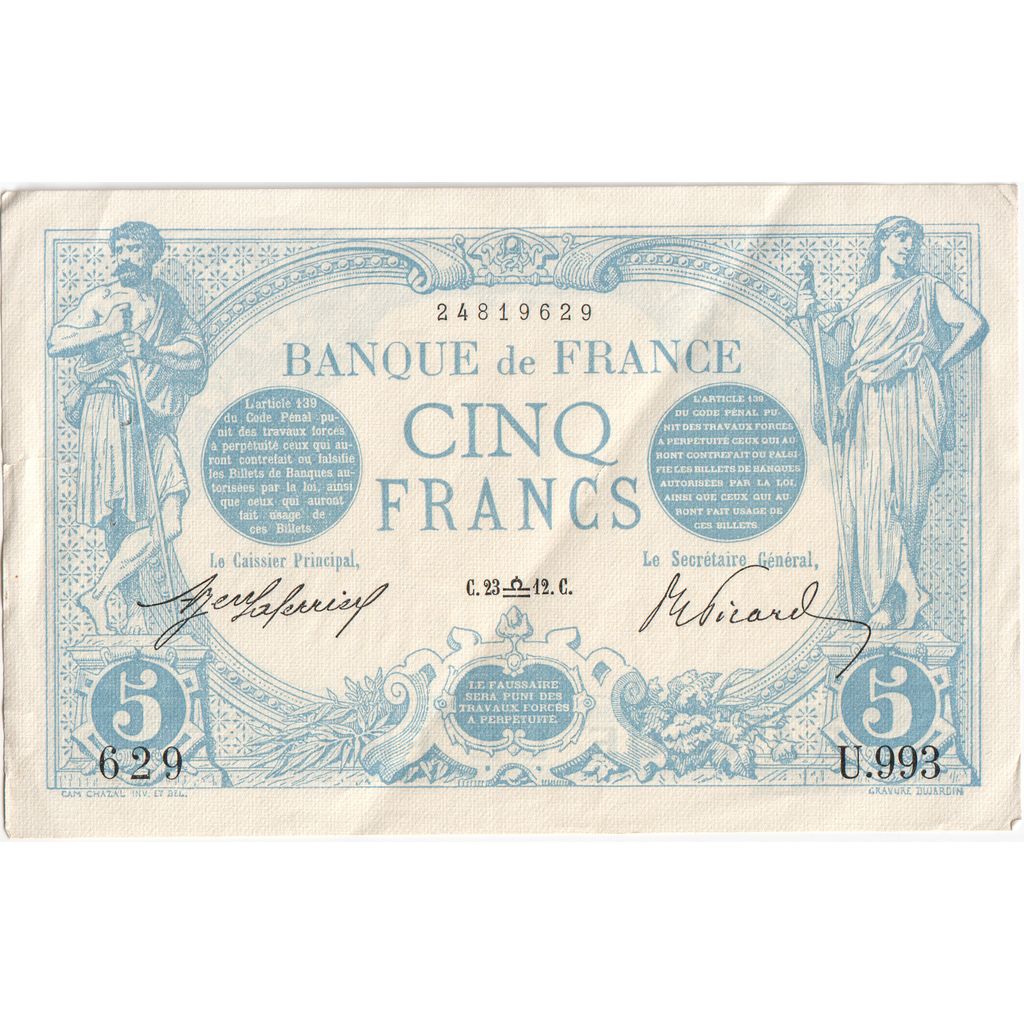 Frankreich, 5 Francs, Bleu, 1912-09-19, U.993, SS