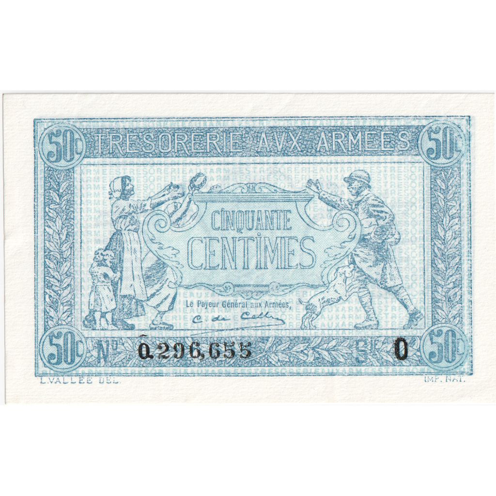 France, 50 Centimes, 1917-1919 Army Treasury, O.296655, AU(55-58)