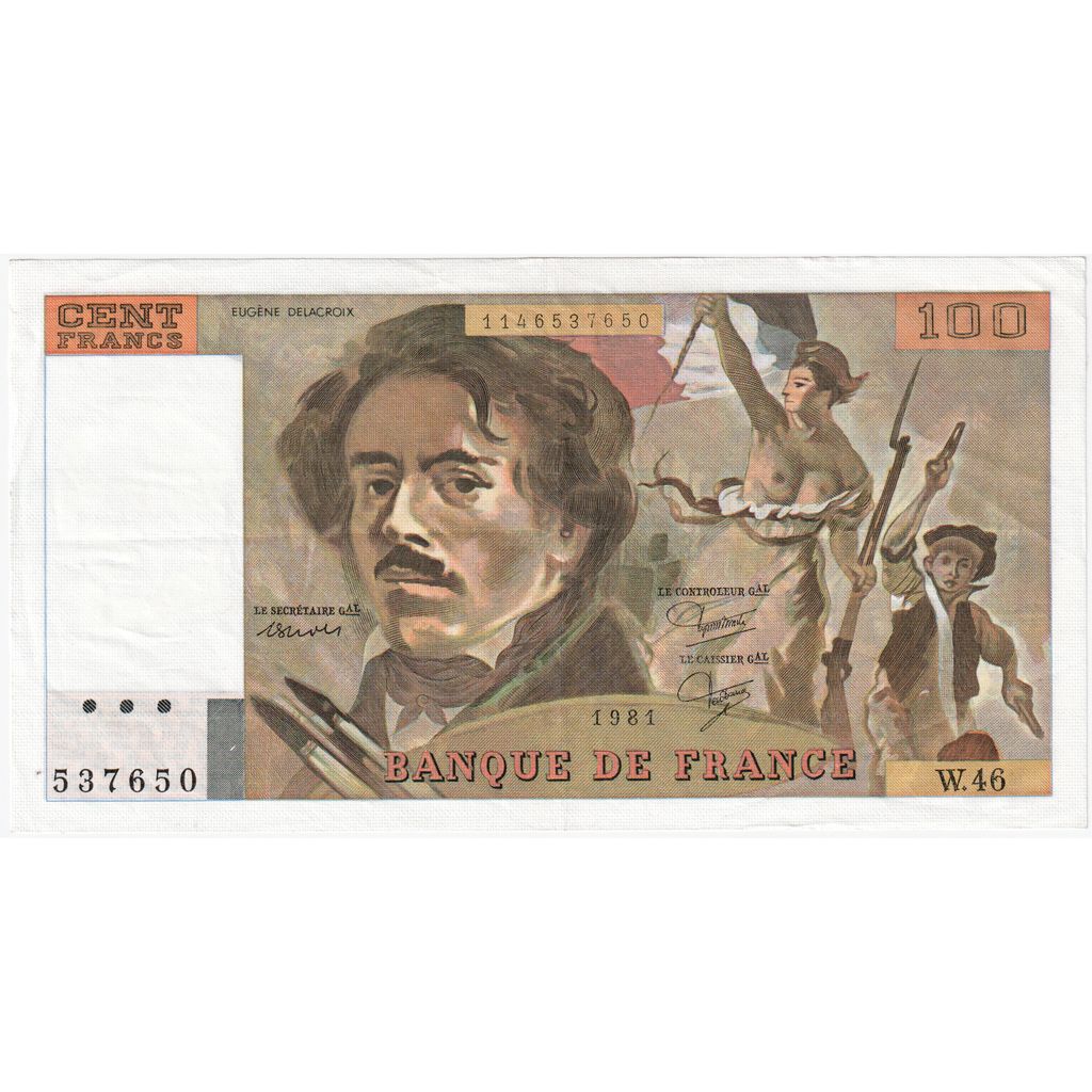 France, 100 Francs, Delacroix, Y.43, AU(55-58)