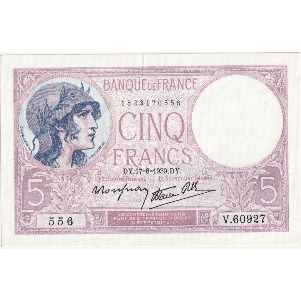 France, 5 Francs, Violet, 1939-08-17, V.60927, SPL