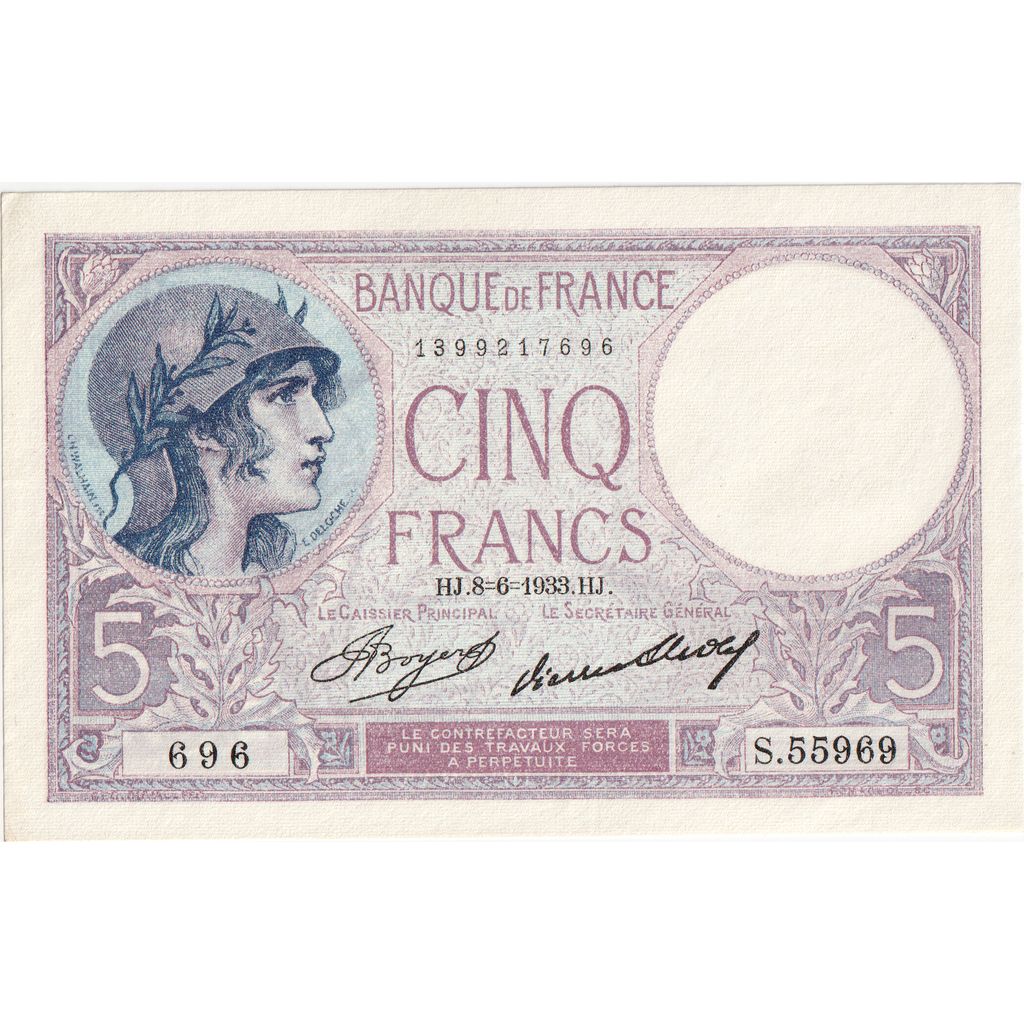 France, 5 Francs, Violet, 1933-06-08, S.55969, UNC(63)