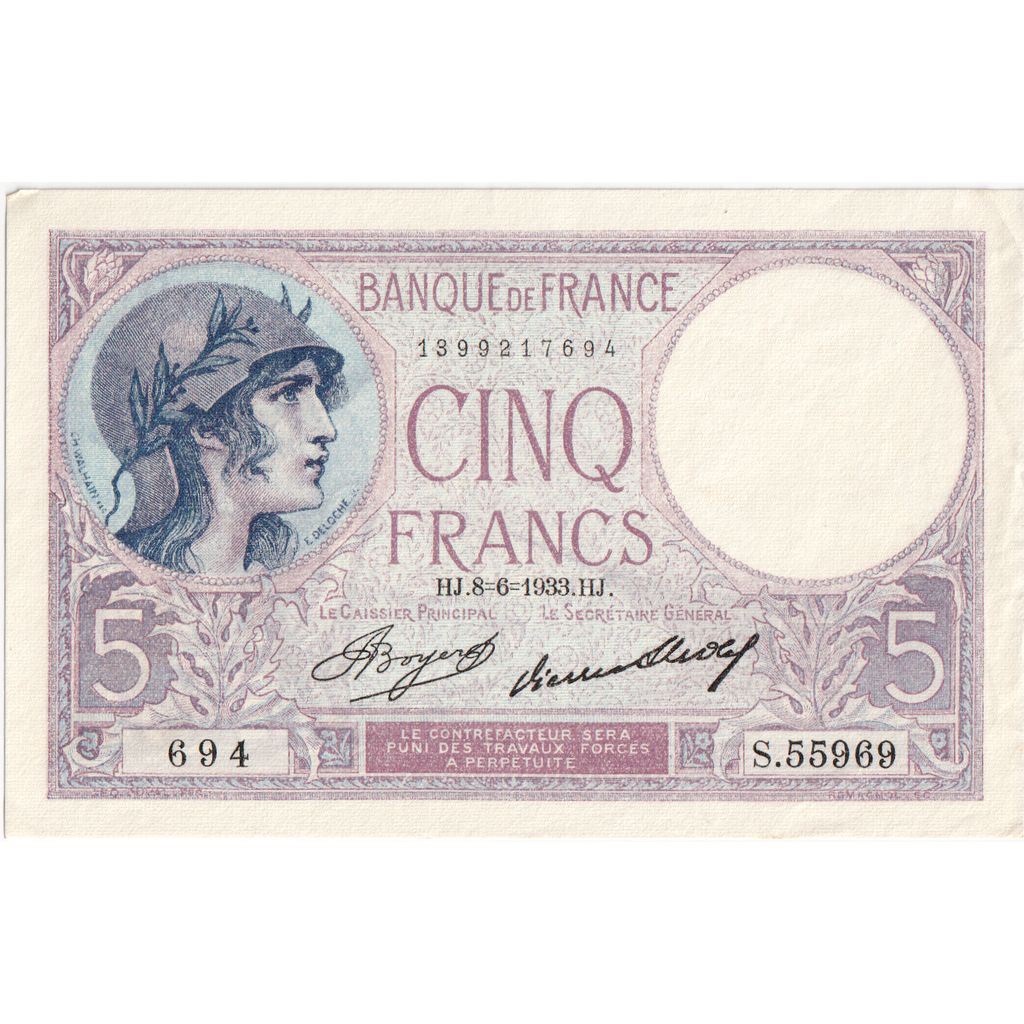 França, 5 Francs, Violet, 1933-06-08, S.55969, AU(55-58)