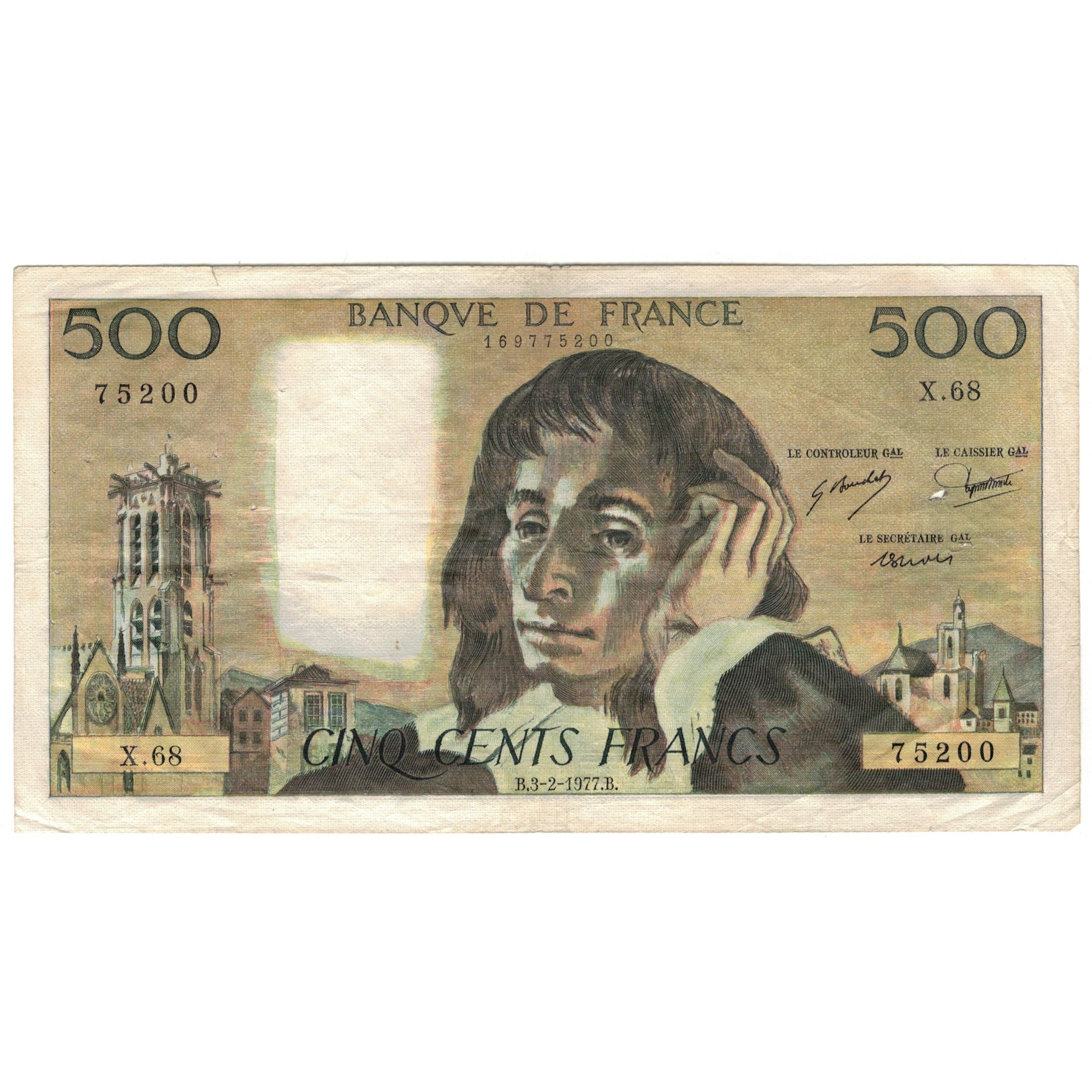 France, 500 Francs, Pascal, 1977, X.68, VF(30-35), Fayette:71.16, KM:156d
