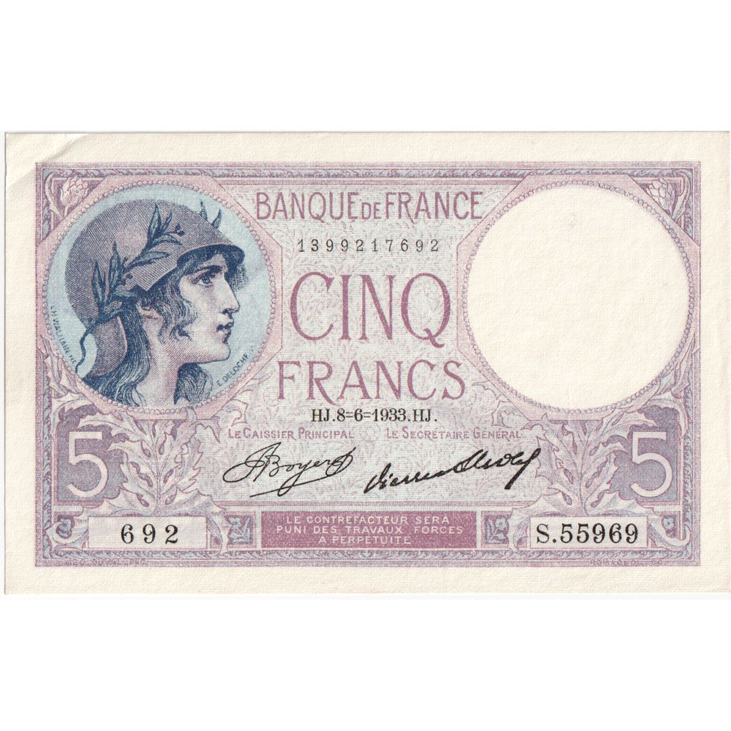 França, 5 Francs, Violet, 1933-06-08, S.55969, AU(55-58)