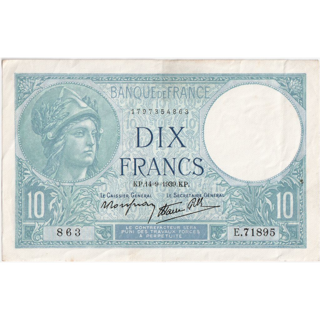 Frankreich, 10 Francs, Minerve, 1939-09-14, E.71895, VZ