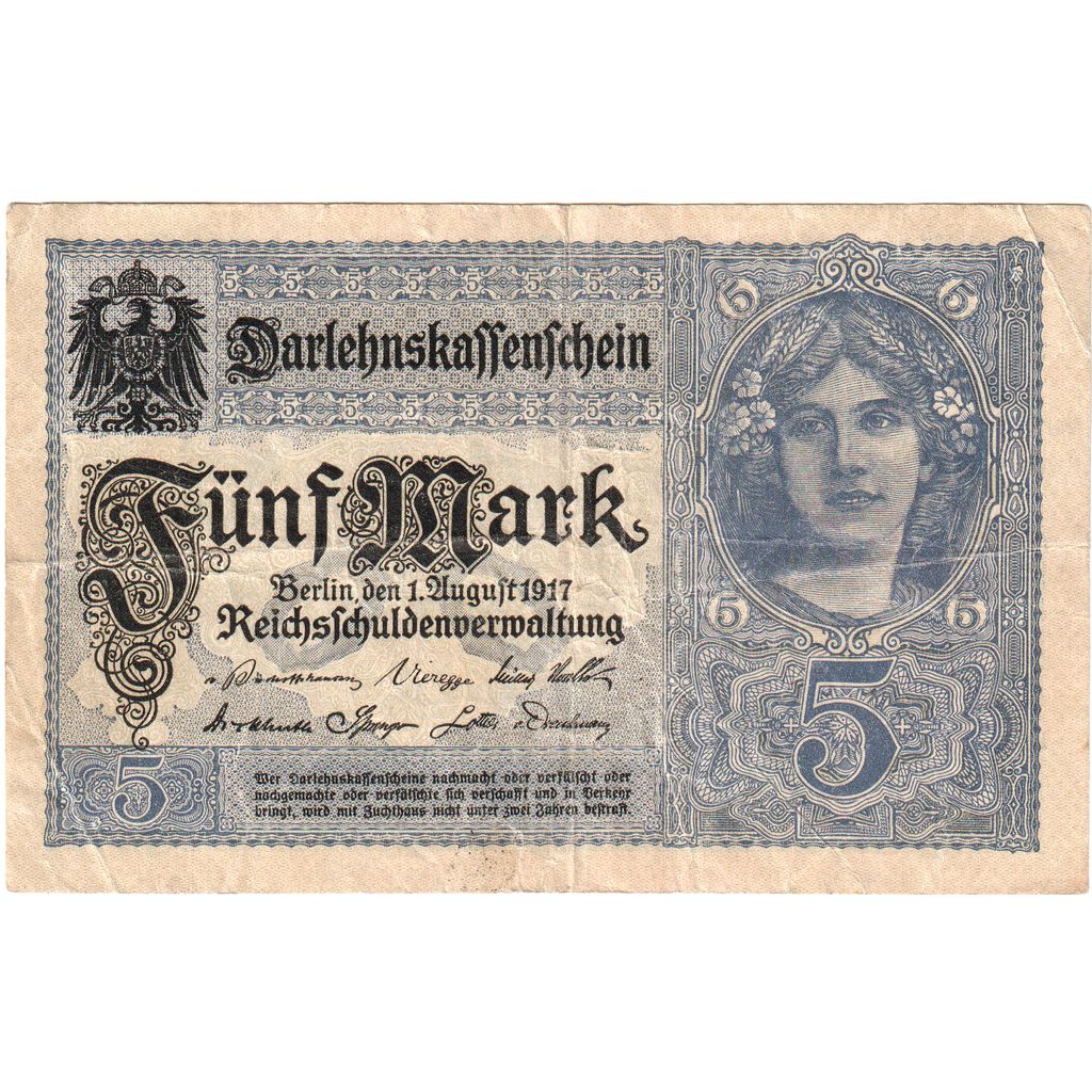 Banknote, Germany, 5 Mark, 1917-1918, 1917-08-01, KM:56b, EF(40-45)