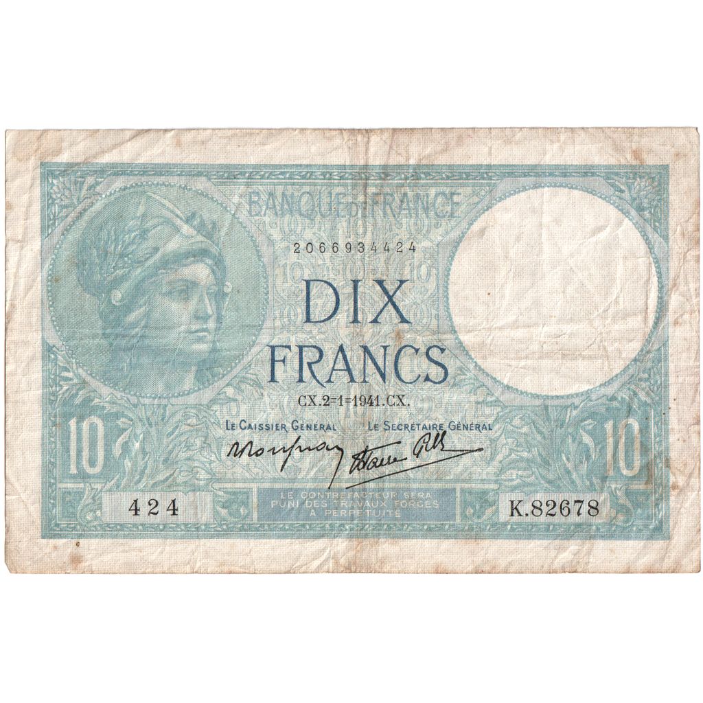 Francia, 10 Francs, Minerve, 1941-01-02, K.82678, BC
