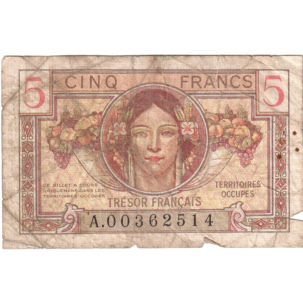 Francja, 5 Francs, 1947 French Treasury, Undated (1947), A.00362514, VF(20-25)