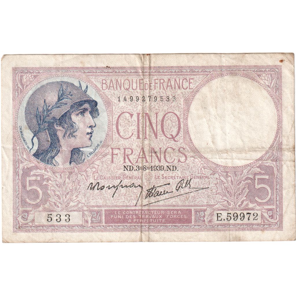 Frankrijk, 5 Francs, Violet, 1939-08-03, E.59972, TB+