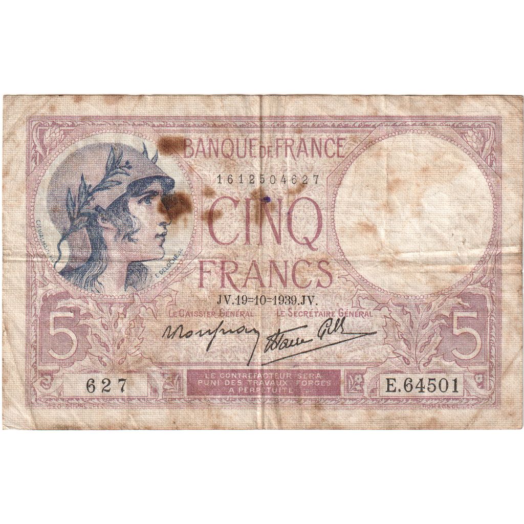 Frankrijk, 5 Francs, Violet, 1939-10-19, E.64501, TB