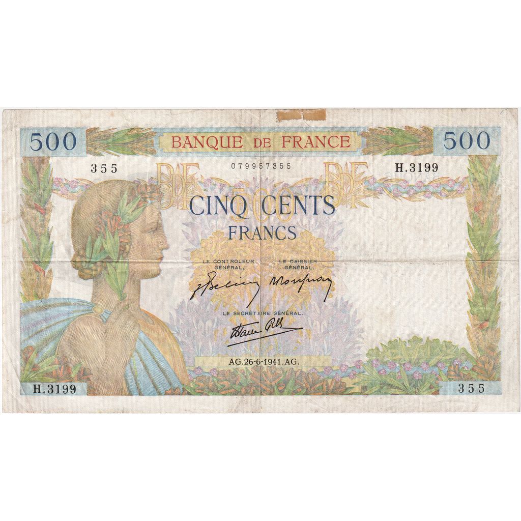 France, 500 Francs, La Paix, 1941-06-26, H.3199, EF(40-45)