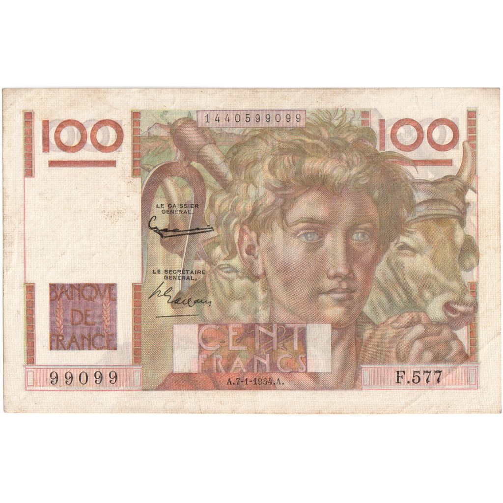 France, 100 Francs, Jeune Paysan, 1954-01-07, F.577, TTB