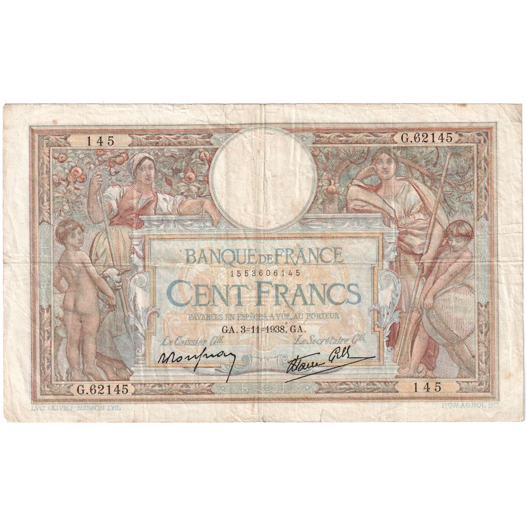 Francja, 100 Francs, Luc Olivier Merson, 1938-11-03, G.62145, VF(30-35)