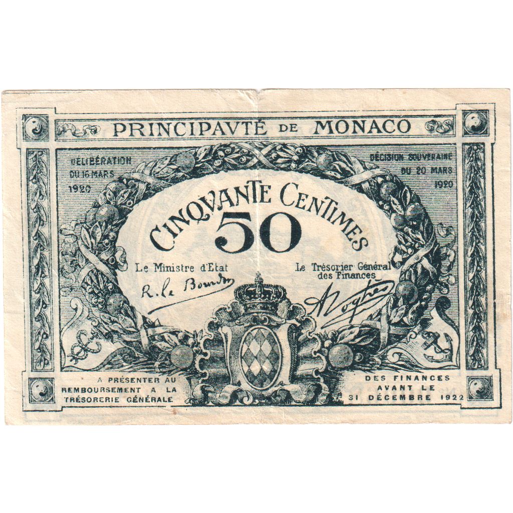 Monaco, 50 Centimes, 1920-03-20, TTB