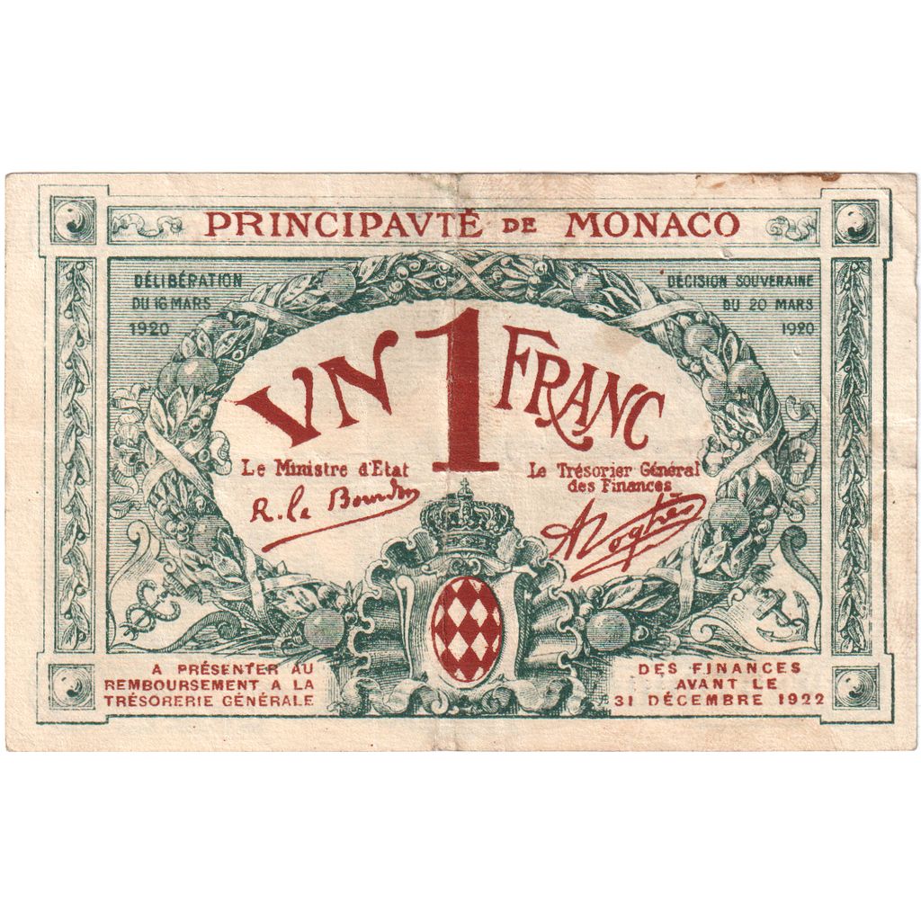 Monaco, 1 Franc, 1920-03-20, VF(30-35)