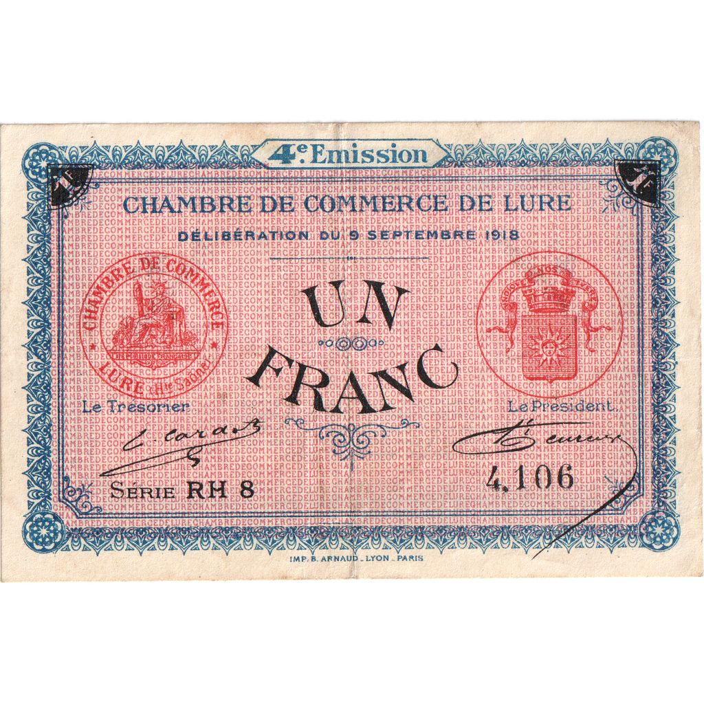 Francia, 1 Franc, Pirot 77-1, 1918-10-09, SERIE RH 8, LURE, BB
