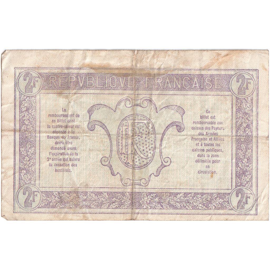 France, 2 Francs, 1917-1919 Army Treasury, O.739187, VF(30-35)