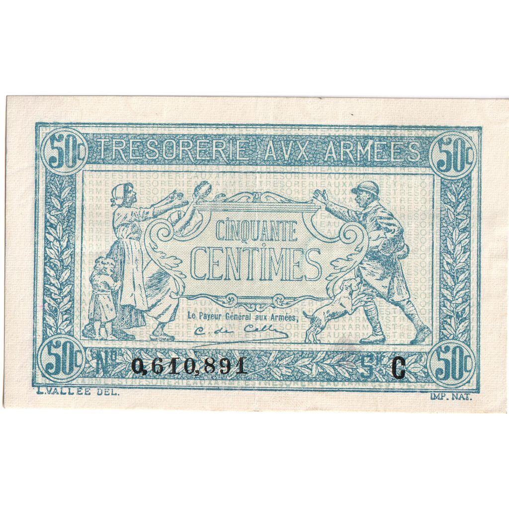 França, 50 Centimes, 1917-1919 Army Treasury, O.610891, EF(40-45)