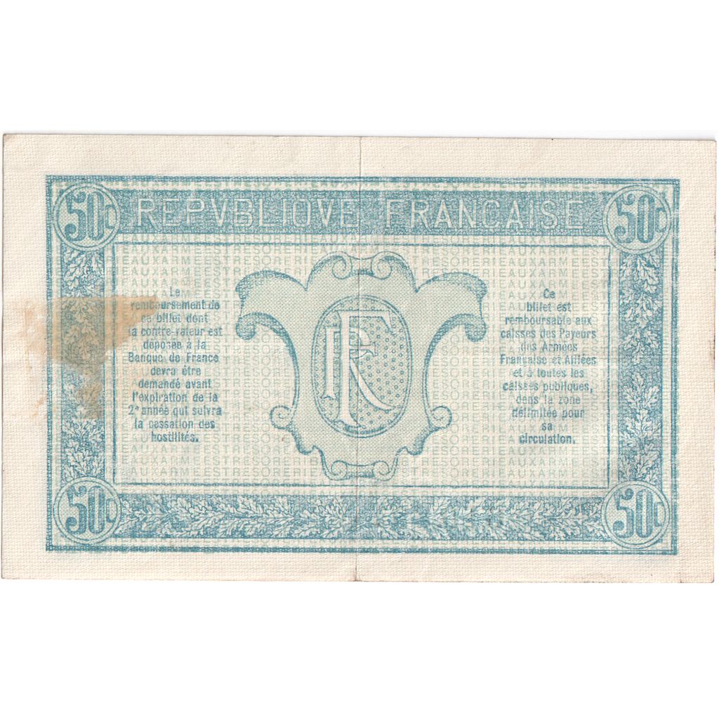 França, 50 Centimes, 1917-1919 Army Treasury, O.610891, EF(40-45)