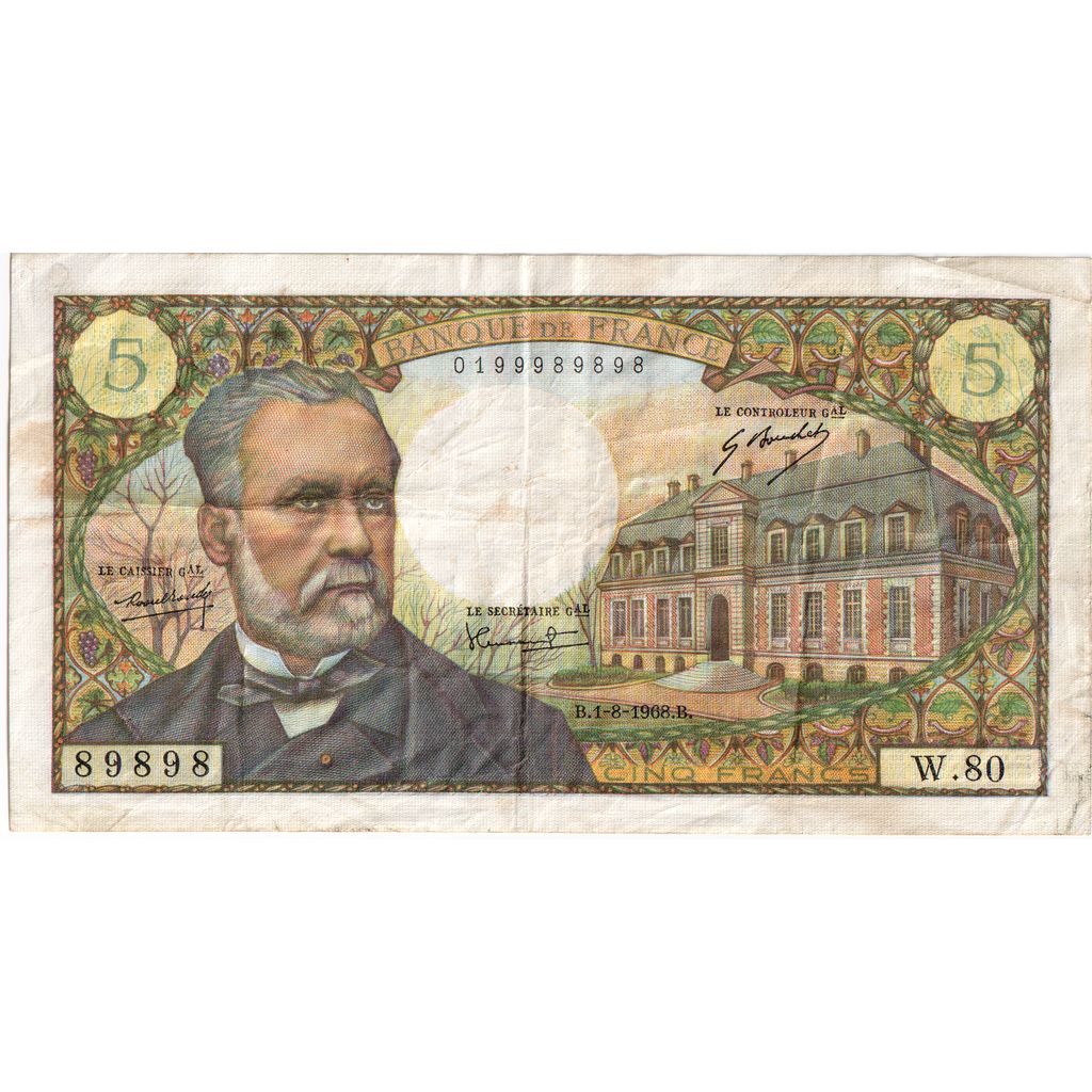 France, 5 Francs, Pasteur, 1968-04-04, W.80, VF(20-25)