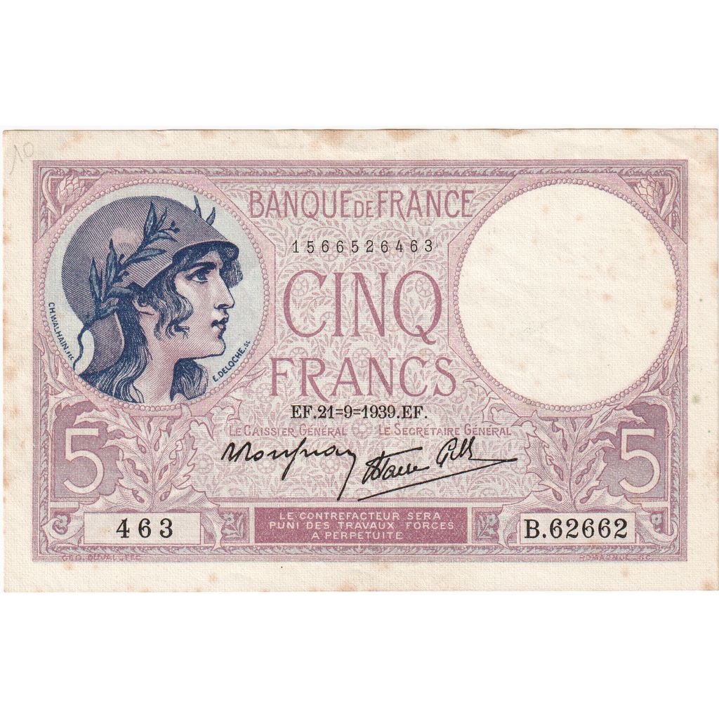 França, 5 Francs, Violet, 1939-09-21, B.62662, EF(40-45)
