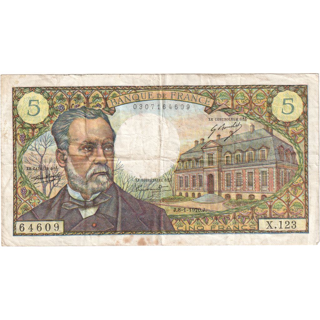 France, 5 Francs, Pasteur, 1970-01-08, X.123, VF(30-35)