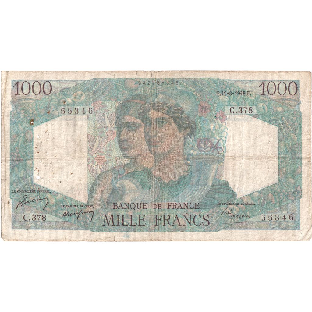 França, 1000 Francs, Minerve et Hercule, 1948-03-11, C.378, VF(20-25)