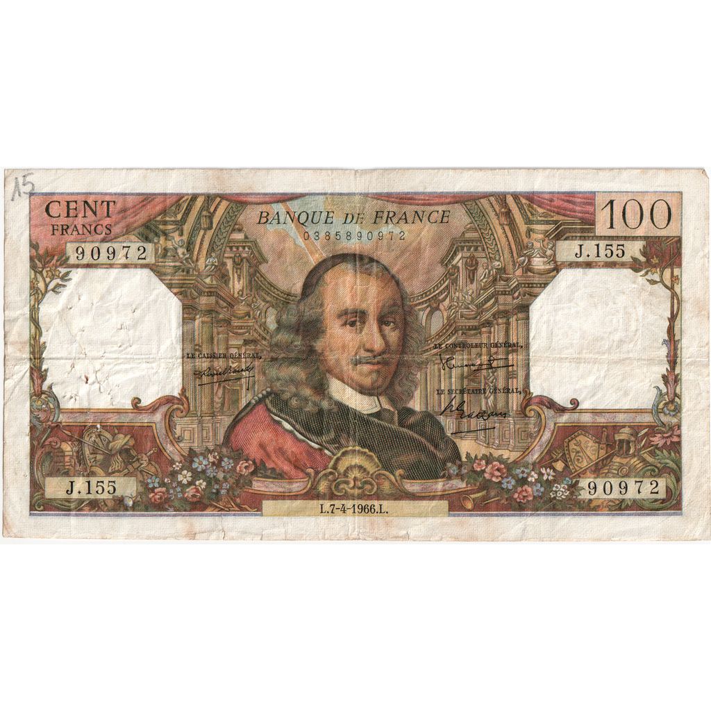 France, 100 Francs, Corneille, 1966-04-07, J.155, VF(20-25)