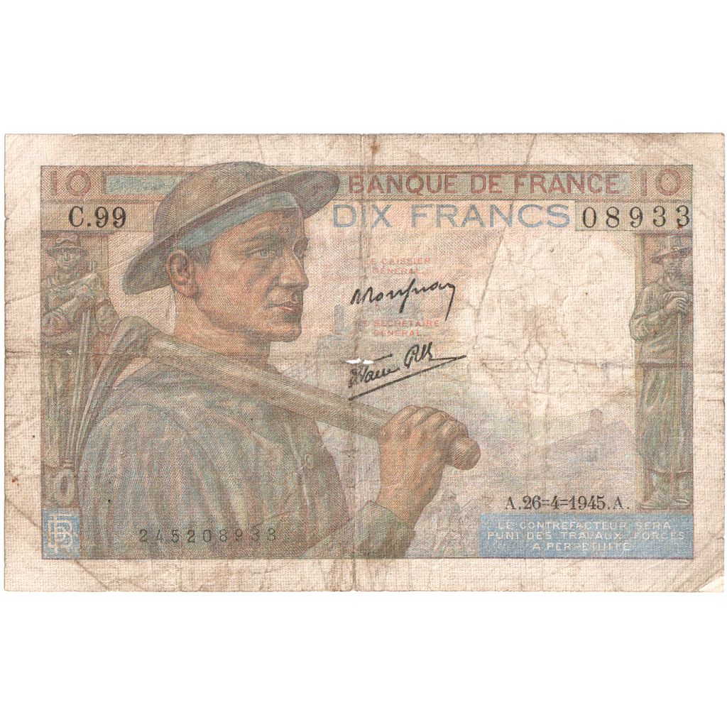 Francia, 10 Francs, Mineur, 1945-04-26, C.99, MB