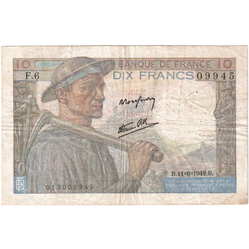 Francja, 10 Francs, Mineur, 1942-06-11, F.6, EF(40-45)