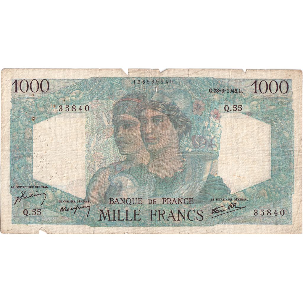 France, 1000 Francs, Cérès et Mercure, 1945-06-28, Q.55, VF(20-25)