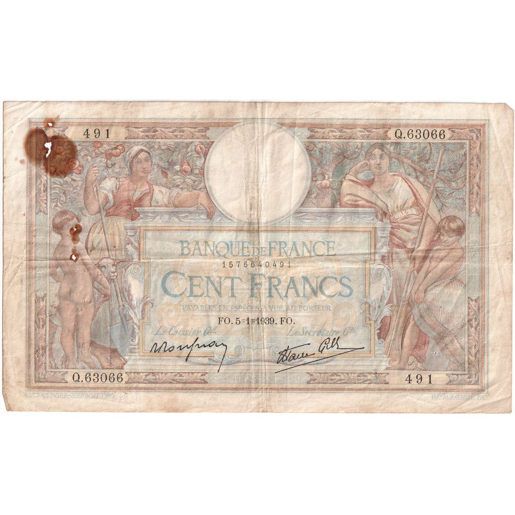 France, 100 Francs, Luc Olivier Merson, 1939-01-05, Q63066, VF(20-25)