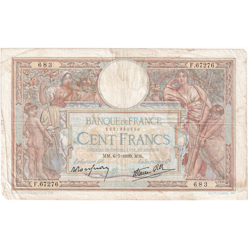 Frankreich, 100 Francs, Luc Olivier Merson, 1939-07-06, F.67276, S+