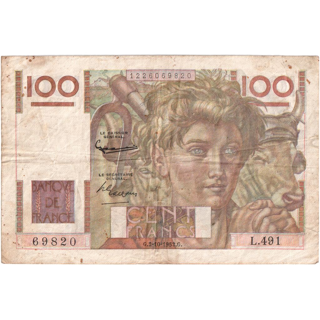 Francia, 100 Francs, Jeune Paysan, 1952-10-02, L.491, BC