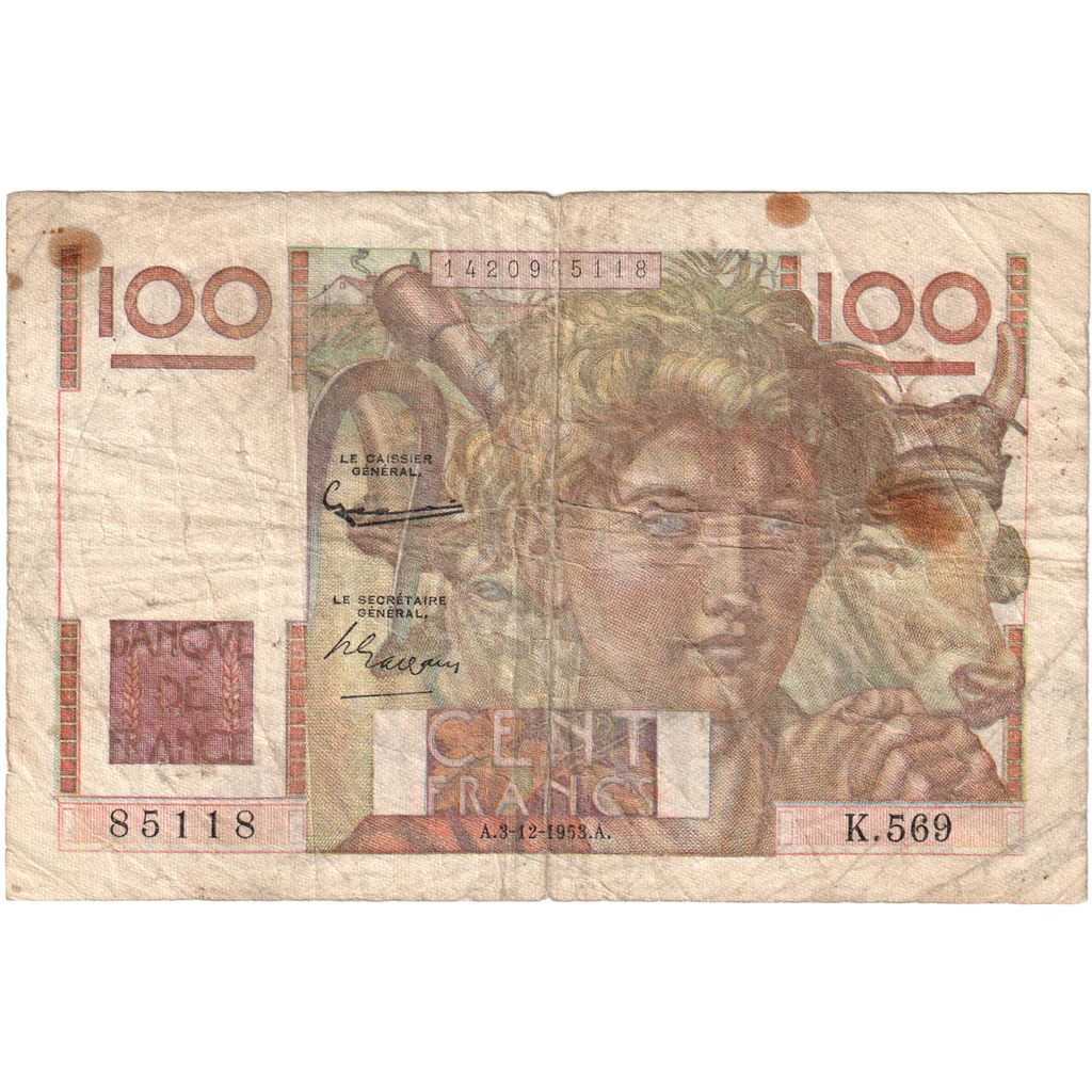 Francia, 100 Francs, Jeune Paysan, 1953-12-03, K.569, BC