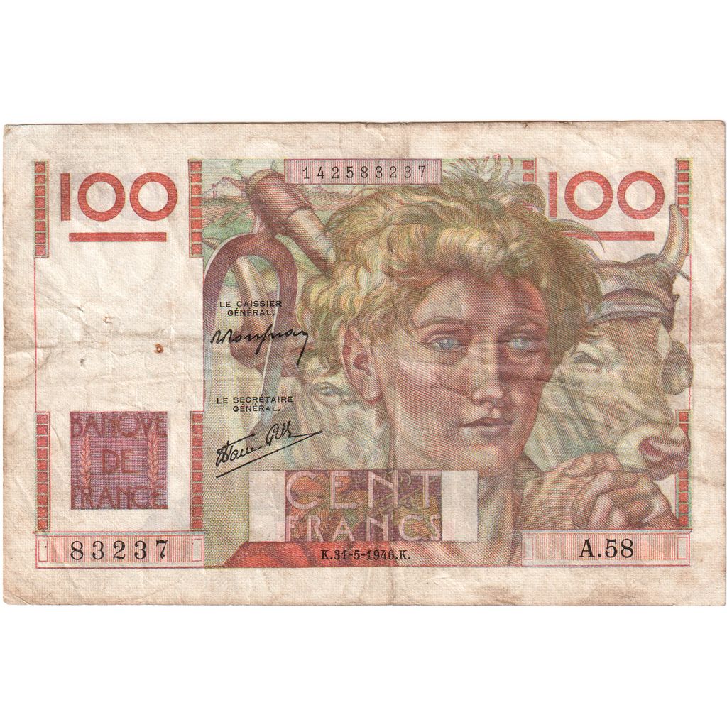 França, 100 Francs, Jeune Paysan, 1946-05-31, A.58, VF(30-35)