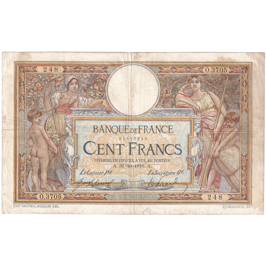France, 100 Francs, Luc Olivier Merson, 1916-11-23, O.3705, TB+