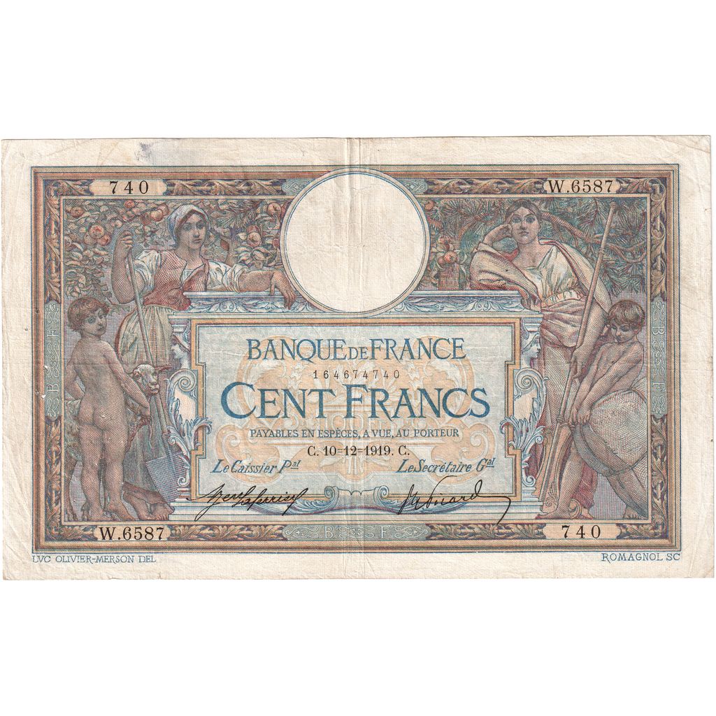 França, 100 Francs, Luc Olivier Merson, 1919-08-12, W.6587, VF(30-35)
