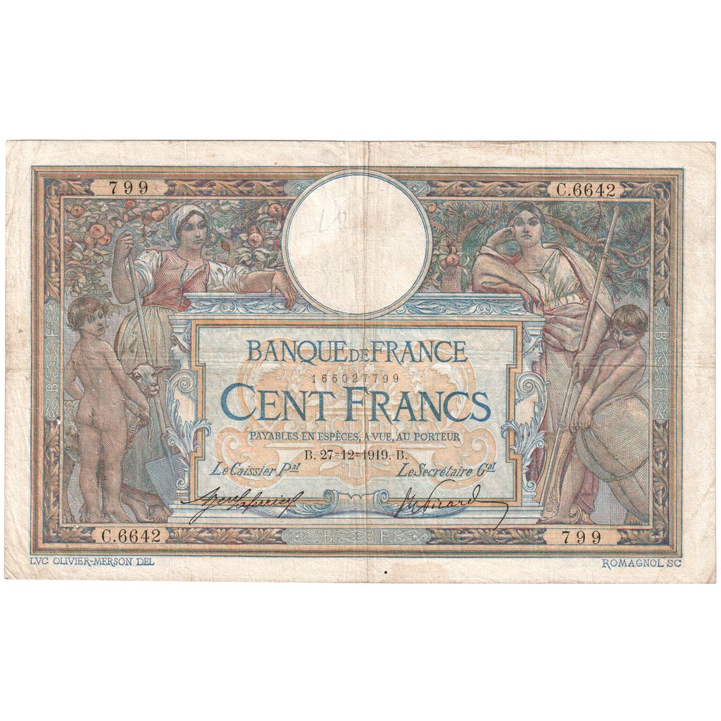 France, 100 Francs, Luc Olivier Merson, 1919-08-12, C.6642, VF(30-35)