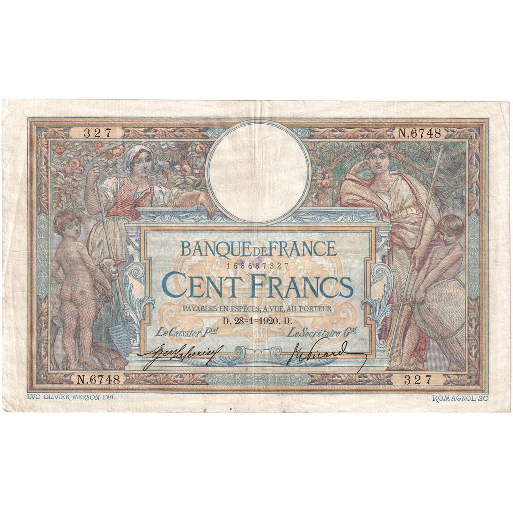France, 100 Francs, Luc Olivier Merson, 1920-01-28, N.6748, VF(30-35)