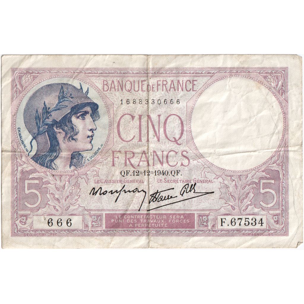 Frankrijk, 5 Francs, Violet, 1940-12-12, F.67534, TB+