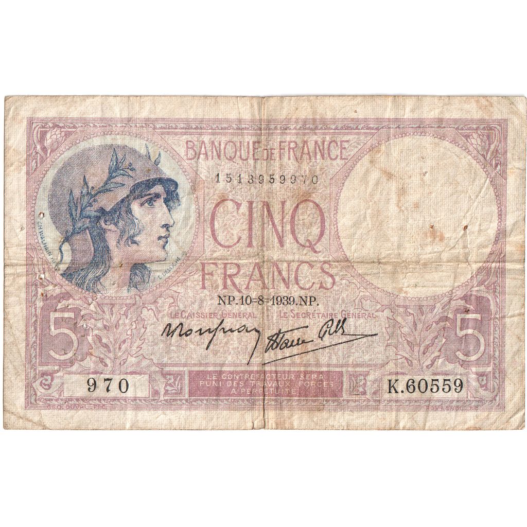 Frankrijk, 5 Francs, Violet, 1939-08-10, K.60559, TB