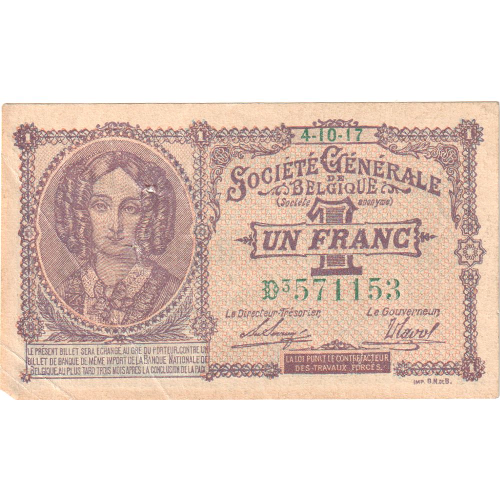 Belgium, 1 Franc, 1918-10-04, EF(40-45)