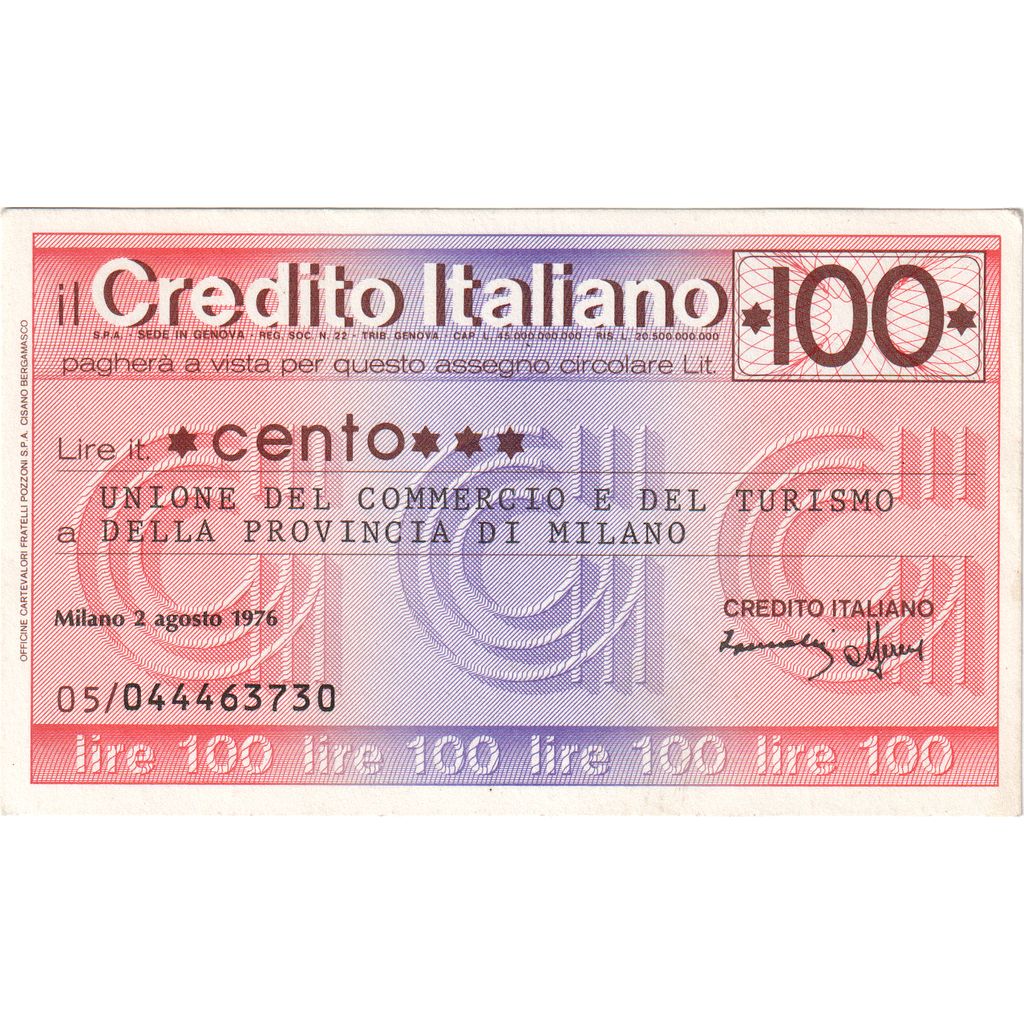 Itália, 100 Lire, 1976-09-06, Credito Italiano, AU(55-58)