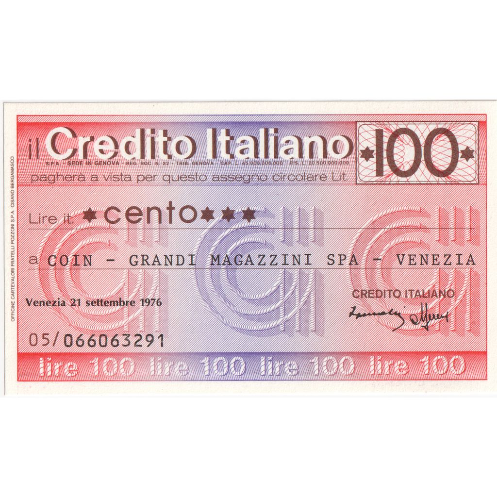 Italie, 100 Lire, 1976-09-06, Credito Italiano, NEUF